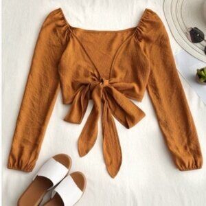 Zaful Rust Orange Long Sleeve Wrap Crop Top Size S